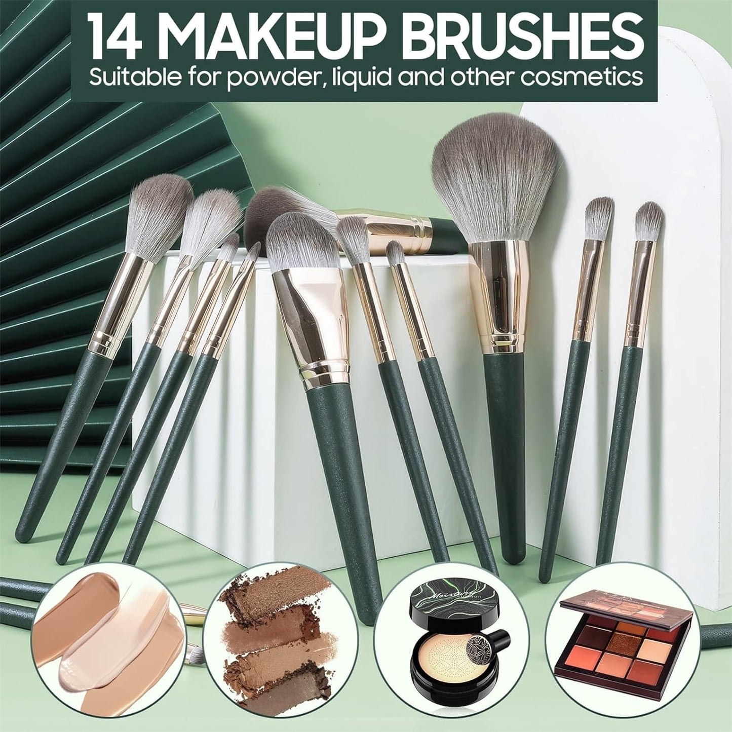 Makeup Brushes Makeup Brush Set Professional - 14 PCS Foundation Concealer Eye Shadow Brush, Contour Brush Make Up Brushes Kit, Travel Cosmetic Brush with Green Makeup Bags