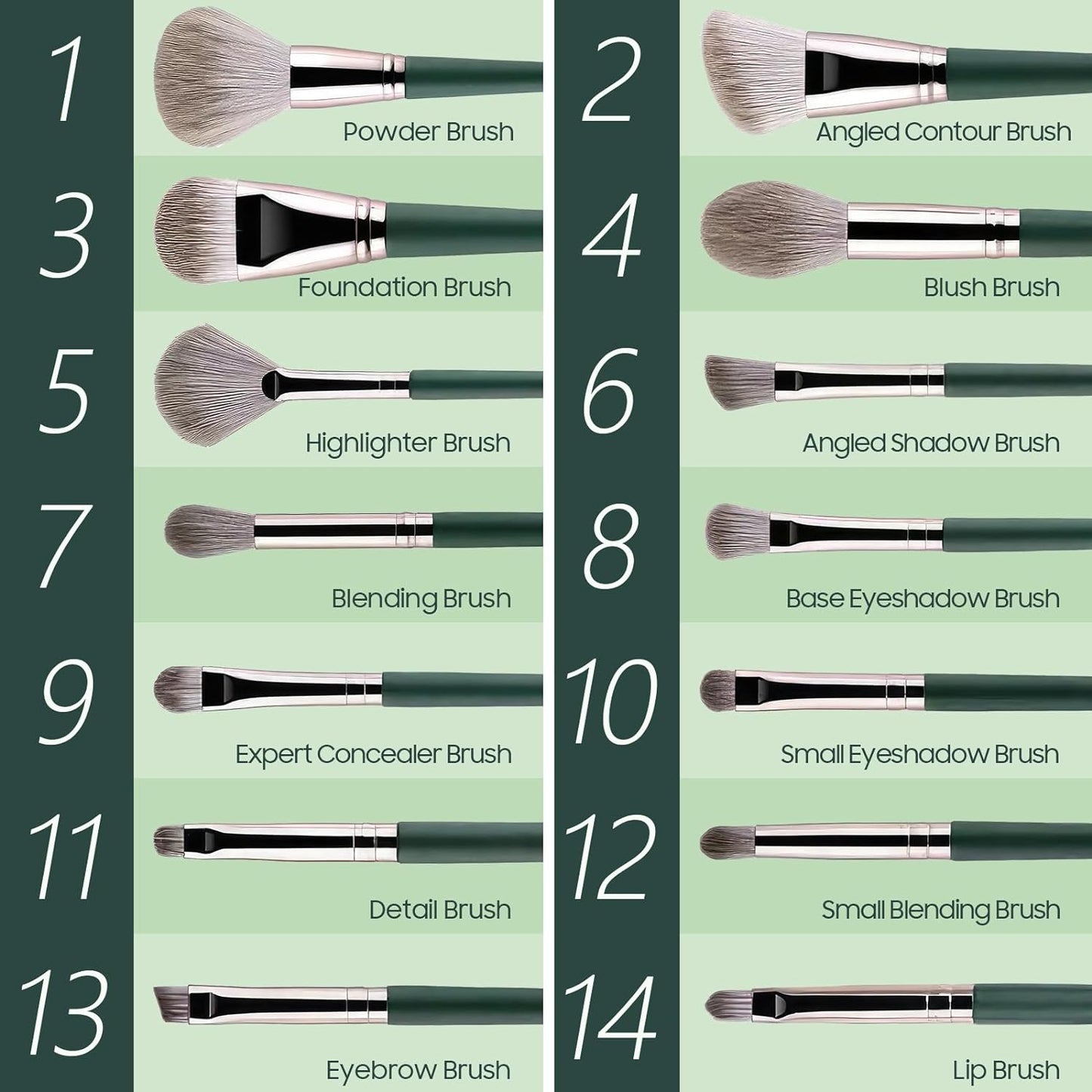 Makeup Brushes Makeup Brush Set Professional - 14 PCS Foundation Concealer Eye Shadow Brush, Contour Brush Make Up Brushes Kit, Travel Cosmetic Brush with Green Makeup Bags